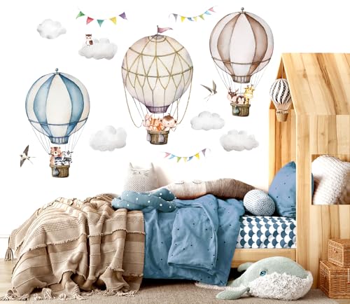 WONDER MURALS Wandtattoo Tiere Heißluftballon Deko Kinderzimmer Wandsticker Mädchen Junge Babyzimmer Wandaufkleber Wanddeko Selbst Aufkleben (Braun, L - 130 x 95 cm (B x H)) von WONDER MURALS