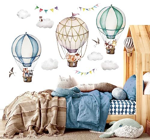 WONDER MURALS Wandtattoo Tiere Heißluftballon Deko Kinderzimmer Wandsticker Mädchen Junge Babyzimmer Wandaufkleber Wanddeko Selbst Aufkleben (Grün, XL - 145 x 107 cm (B x H)) von WONDER MURALS