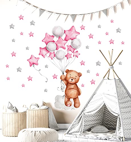 WONDER MURALS Wandtattoo Wandsticker Bär Babyzimmer Kinderzimmer Mädchen Junge Baby Teddybär Wolken Sterne Deko Wanddeko Wandaufkleber Selbst Aufkleben (Rosa, L - 66 x 89 cm (B x H)) von WONDER MURALS