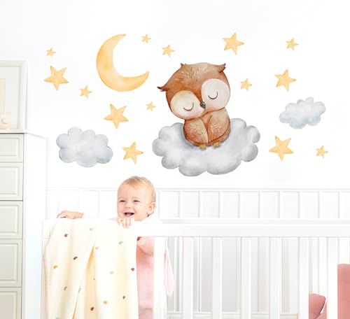 WONDER MURALS Wandtattoo Wandsticker Tiere Babyzimmer Kinderzimmer Mädchen Baby kleiner Fuchs Bär Eule Hase Hirsch schlafen auf Wolke Sterne Mond Deko Wanddeko Wandaufkleber Selbst Aufkleben von WONDER MURALS