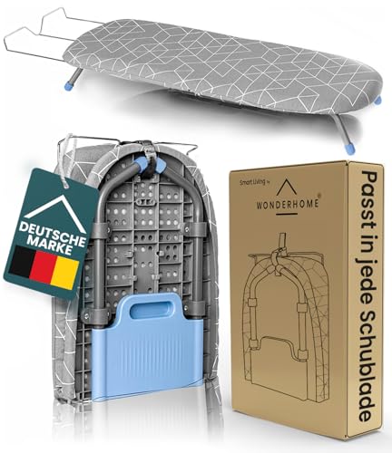 WONDERHOME Patentiertes Tischbügelbrett, klappbare Beine, platzsparend, grau, blau , Faltbares Bügelbrett mit Klappfunktion von WONDERHOME
