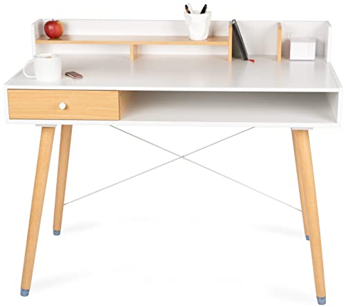WONDERMAKE® Design Schreibtisch aus Holz mit Schublade, Sekretär Computertisch Kleiner Raum modern Bürotisch PC Tisch Arbeitstisch, Eiche hell weiß von WONDERMAKE