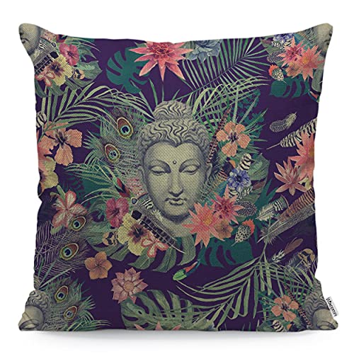 WONDERTIFY Buddha-Kissenbezug mit Blumen, Pfauenfedern, Buddha-Kissenbezüge für Männer und Frauen, Kissenbezug, Wohnzimmer, Bauernhaus, bunt, 45 x 45 cm von WONDERTIFY