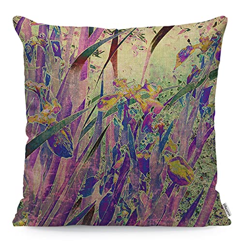 WONDERTIFY Kissenbezug mit floralem Muster, Vintage, Kunst, Natur, Iris, Blume, Blätter, dekorativer Überwurf, Kissenbezüge für Couch, Bett, Sofa, Kissen, Kissenbezug, violett, grün, 45 x 45 cm von WONDERTIFY