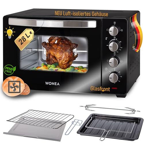 Minibackofen 28 Liter 1600 Watt, Minibackofen mit Umluft, Mini Backofen mit Luft-isoliertem Gehäuse, Krümelblech, Minibackofen mit Drehspieß, Minibackofen mit Licht, Pizzaofen, Backofen für Camping von WONEA