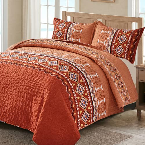 Boho-Bettwäsche-Set, Queen-Size-Größe, 3-teilig, gebranntes Orange, Tagesdecke, leicht, geometrisch bedruckt, weiches Bohemian-Bettwäsche-Set für Queen-Size-Bett, 228x248 cm von WONGS BEDDING