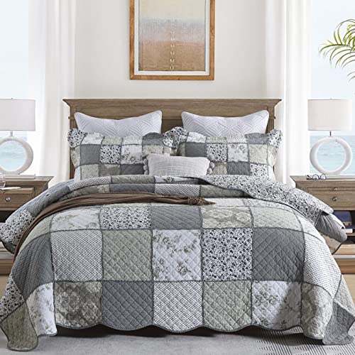 Boho-Steppdecken-Set aus Baumwolle, 100 % Baumwolle, wendbar, Patchwork-Tagesdecken-Set für alle Jahreszeiten, 3-teilig (1 Steppdecke + 2 Kissenbezüge), Queen-Size-Bett, 228.6 x 248.9 cm von WONGS BEDDING