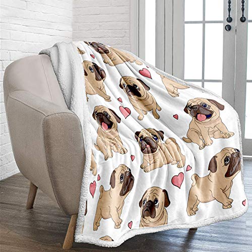 WONGS BEDDING Mops Kuscheldecke 150x200 Kinder Jungen Sherpa Decke Warm Wohndecke weiche & Flauschige Fleecedecke als Sofaüberwurf Sofadecke Couchdecke Doppelseitig Tagesdecke für Bett&Sofa von WONGS BEDDING