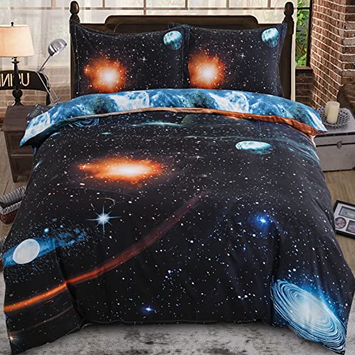 WONGS BEDDING Bettwäsche 200x200 Galaxy Universum 3 Teilig, Bettwäsche Jungen Atmungsaktiv Hautfreundlich Bettwäsche Set, Microfaser Bettbezug mit Reißverschluss und Kissenbezug 80x80 cm, Schwarz von WONGS BEDDING