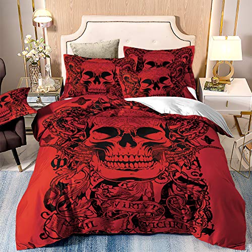 WONGS BEDDING Bettwäsche 3D Roter Schädel Bettbezug Set 135x200 cm Bettwäsche Set 2 Teilig Bettbezüge Mikrofaser Bettbezug mit Reißverschluss und 1 Kissenbezug 50x75cm von WONGS BEDDING