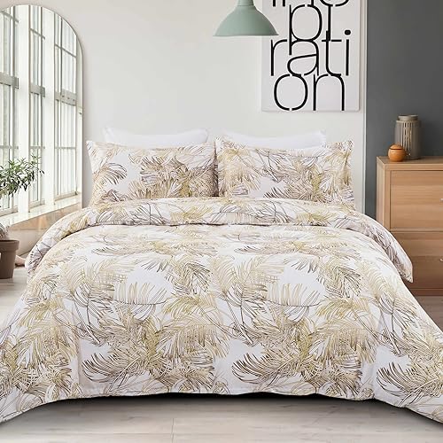 WONGS BEDDING Bettwäsche Set 220x230 cm 3 Teilig, Atmungsaktiv Hautfreundlich Mikrofaser Bettwäsche-Set, Bettbezug mit Reißverschluss und 2 Kissenbezug 50x75 cm, Gold Blätter von WONGS BEDDING