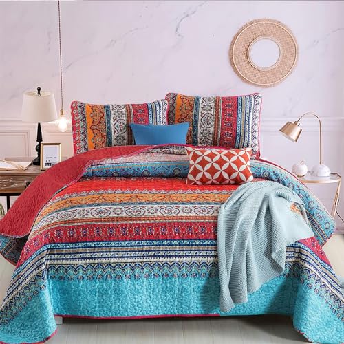 WONGS BEDDING Boho Quilt Set Bohemian 3-teiliges Steppdecken-Sets, leichte Sommer-Tagesdecke, Bettwäscheset für alle Jahreszeiten, YS01AC090469Q3U-A von WONGS BEDDING