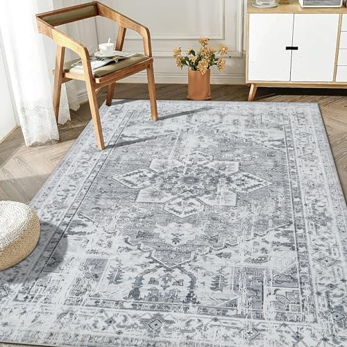 WONGS BEDDING Boho Teppich Wohnzimmer Schlafzimmer Kurzflor Teppiche Waschbar Weich rutschfest Vintage Design, Grau, 160x230 cm von WONGS BEDDING