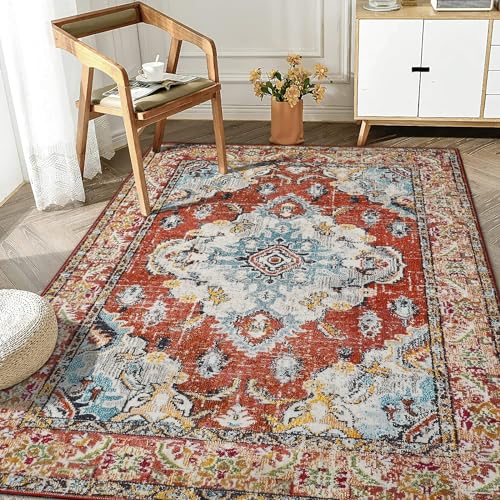 WONGS BEDDING Boho Teppich Wohnzimmer Schlafzimmer Kurzflor Teppiche Waschbar Weich rutschfest Vintage Design, Vintage Rot, 160x230 cm von WONGS BEDDING