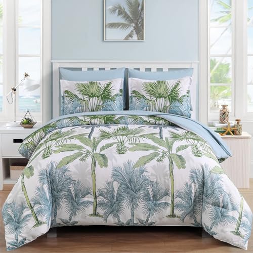WONGS BEDDING Botanical Bettdecken-Set für Queen-Size-Betten, 7-teilig, blaue Palmen-Bettwäsche in einer Tasche, wendbares weiches Mikrofaser-Bettwäsche-Set mit Bettdecke, Bettlaken, Spannbetttuch, von WONGS BEDDING