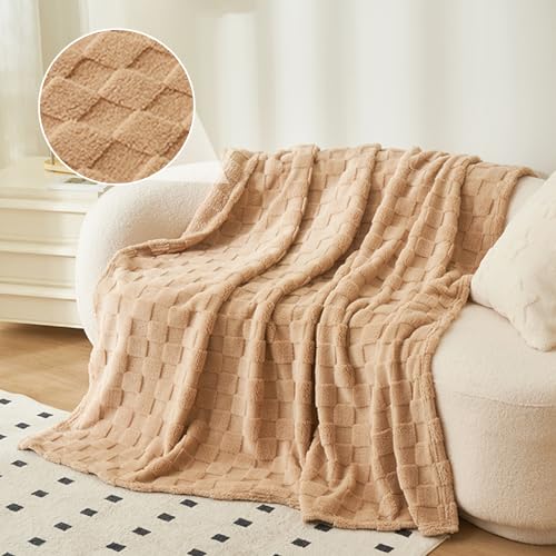 WONGS BEDDING Camel Kuscheldecke 150x200cm,Schachbrettmuster Wohndecke,Karierte Sofadecke Plüsch Decke,Warme und Kuschelige TV-Decke für Bett Sofa von WONGS BEDDING