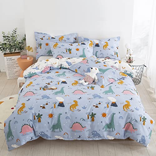 WONGS BEDDING Dino Bettwäsche 135x200 Cartoon Kinderbettwäsche 100% Baumwolle Wendebettwäsche Jungen Bettwäsche 2 teiliges Set 135x200 Bettwäsche mit Reißverschluss und kopfkissenbezug 80x80,Blau&Weiß von WONGS BEDDING