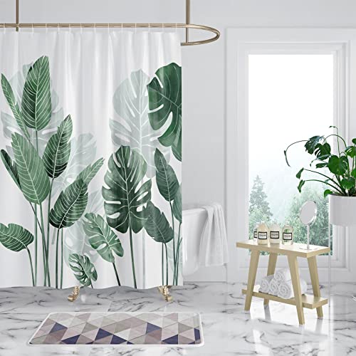 WONGS BEDDING Duschvorhang 180x180 Anti-Schimmel Shower Curtains grüne Blätter Pflanzen Wasserabweisend Badewanne Vorhang aus Polyester Waschbar Badvorhang mit 12 Duschvorhängeringen von WONGS BEDDING