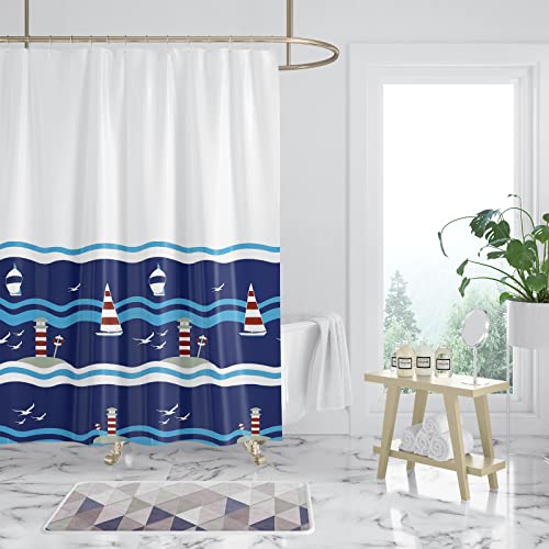 WONGS BEDDING Duschvorhang 180x200 cm Blau Maritim Segelboote Wasserdichter Antischimmel Duschvorhänge Polyester Badvorhang für Badezimmer und Badewanne mit 12 Duschvorhangringe von WONGS BEDDING