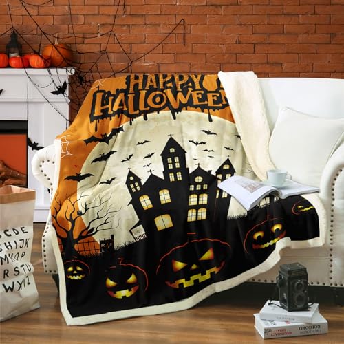 WONGS BEDDING Halloween Kuscheldecke Kürbis Häuser Flauschig Fleecedecke 150x200 cm, Sherpa Decke Super Weich und Warme Wohndecke als Couchdecke Sofadecke Überwurf für Bett Couch von WONGS BEDDING
