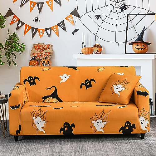 WONGS BEDDING Halloween Sofabezug Gelbes Sofaüberwürfe,Abnehmbare Waschbar Couch überzug Elastisch Sofabezug Hautfreundlich rutschfest Stoffsofaüberwurf 3 Sitzer Sofabezüge von WONGS BEDDING