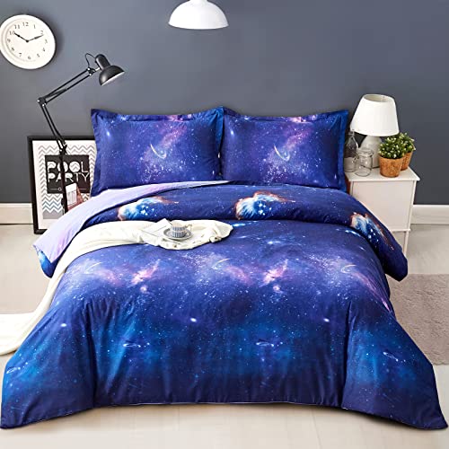 WONGS BEDDING Jungen Bettwäsche 135x200 Galaxy Bettwäsche Blau Sternenhimmel Muster Lila Wendebettwäsche Mikrofaser Bettbezug mit Reißverschluss und Kissenbezug 80x80cm von WONGS BEDDING