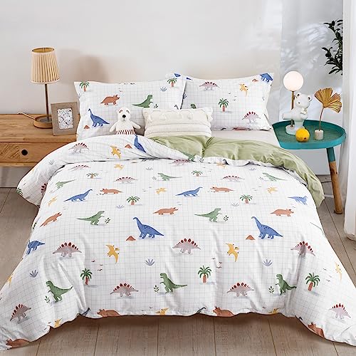 WONGS BEDDING Kinder Bettwäsche 135x200 Cartoon Dinosaurier Kinderbettwäsche 100% Baumwolle Jungen Mädchen Baby Bettwäsche Set 2 Teilig mit Reißverschluss und Kissenbezug 80x80, Weiß & Grün von WONGS BEDDING