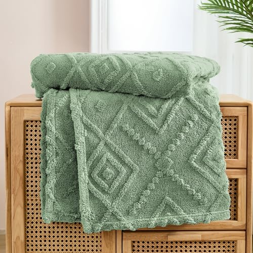 WONGS BEDDING Kuscheldecke Flauschig 220x240 Grün Decken, Creme Wohndecke Warme Fleecedecke Weiche Sofadecke Couchdecke für Bett Sofa Büro Mädchen von WONGS BEDDING