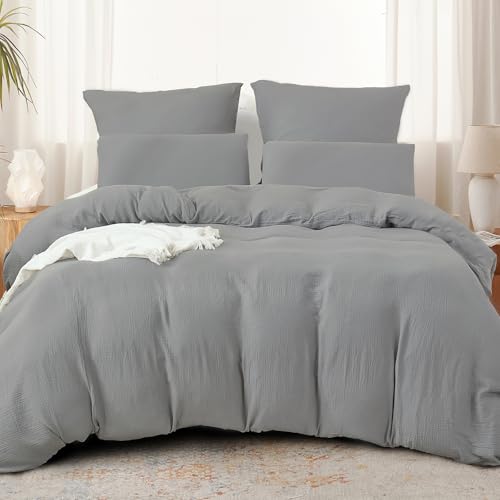 WONGS BEDDING Musselin Bettwäsche 135x200 aus 100% Baumwolle, Bettwäsche-Sets 1er Set Bettbezug mit 1 Kissenbezüge 80x80 cm Knitterlook Weiche Bettbezug Bügelfrei, mit Reißverschluss, Grau WONGS BEDDING Musselin Bettwäsche 135x200 aus 100% Baumwolle, Bettwäsche-Sets 1er Set Bettbezug mit 1 Kissenbezüge 80x80 cm Knitterlook Weiche Bettbezug Bügelfrei, mit Reißverschluss, Grau von WONGS BEDDING