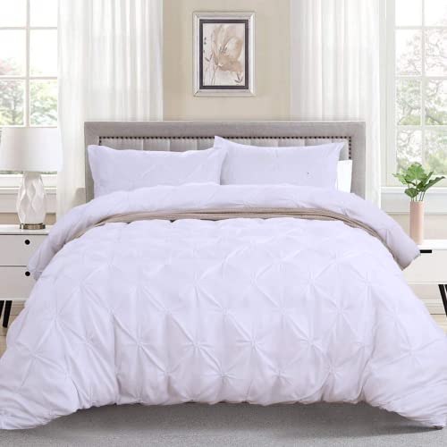 WONGS BEDDING Bettwäsche Pinch Pleat Bettbezug Set 220x230 cm Bettwäsche Set 3 Teilig Bettbezüge Mikrofaser Bettbezug mit Reißverschluss und 2 Kissenbezug 50x75cm(Weiß) von WONGS BEDDING