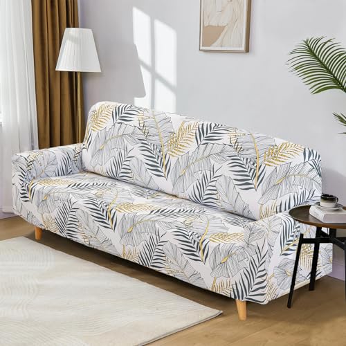 WONGS BEDDING Sofa Überzug 3 Sitzer, Elastisch Stretch Sofabezug, Blätter Muster Couch Überzug Sofaüberwurf Sofahusse, Sofa Cover Protector für Hunde Katzen Haustiere, Weiß von WONGS BEDDING