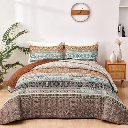 WONGS BEDDING Tagesdecke 200x220 Bettüberwurf Boho Decke Steppdecke 3 Teilig Doppelbett Gesteppt Bettdecke Mikrofaser Wohndecke mit 2 Kissenbezug 50x75 für Schlafzimmer als Sofaüberwurf (Braun) von WONGS BEDDING