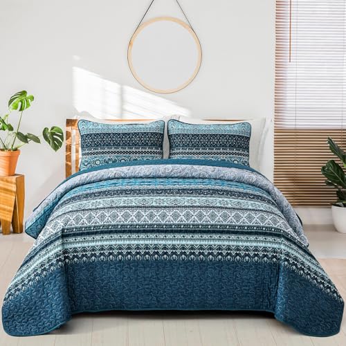 WONGS BEDDING Tagesdecke 200x220 Bettüberwurf Boho Decke Steppdecke 3 Teilig Doppelbett Gesteppt Bettdecke Mikrofaser Wohndecke mit 2 Kissenbezug 50x75 für Schlafzimmer als Sofaüberwurf (Dunkelblau) von WONGS BEDDING