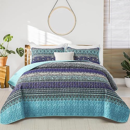 WONGS BEDDING Tagesdecke 200x220 Bettüberwurf Boho Decke Steppdecke 3 teilig Doppelbett Gesteppt Bettdecke Mikrofaser Wohndecke mit 2 Kissenbezug 50x75 für Schlafzimmer als Sofaüberwurf (Blau) von WONGS BEDDING