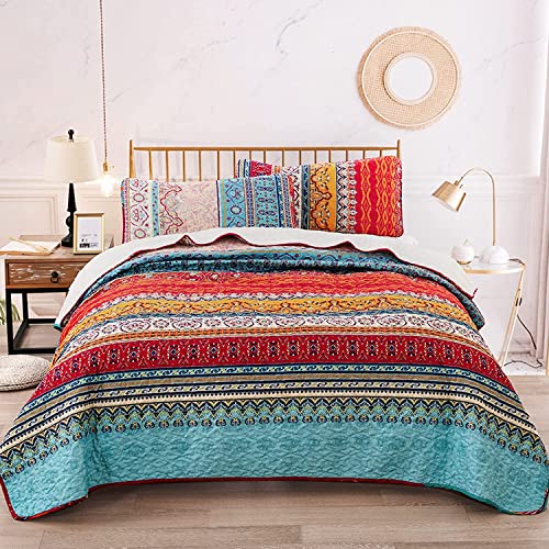 WONGS BEDDING Tagesdecke 200x220 Bettüberwurf Boho Decke Steppdecke 3 teilig Doppelbett Gesteppt Bettdecke Mikrofaser Wohndecke mit 2 Kissenbezug 50x75 für Schlafzimmer als Sofaüberwurf (Böhmisch) von WONGS BEDDING