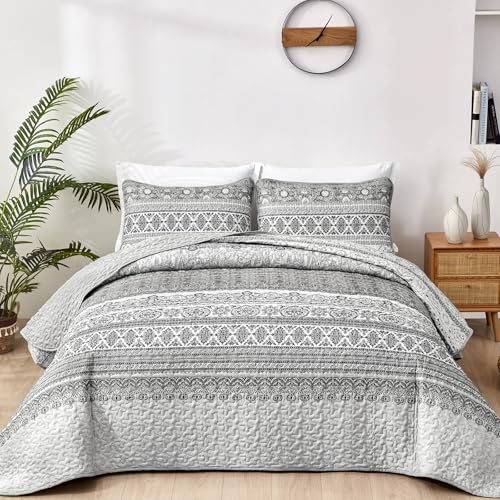 WONGS BEDDING Tagesdecke 220x240 Bettüberwurf Boho Decke Steppdecke 3 Teilig Doppelbett Gesteppt Bettdecke Mikrofaser Wohndecke mit 2 Kissenbezug 50x75 für Schlafzimmer als Sofaüberwurf (Grau) von WONGS BEDDING
