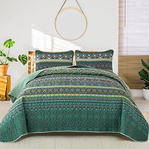 WONGS BEDDING Tagesdecke 220x240 Bettüberwurf Boho Decke Steppdecke 3 Teilig Doppelbett Gesteppt Bettdecke Mikrofaser Wohndecke mit 2 Kissenbezug 50x75 für Schlafzimmer als Sofaüberwurf (Grün) von WONGS BEDDING