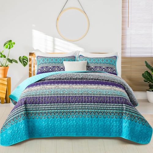 WONGS BEDDING Tagesdecke 220x240 Bettüberwurf Boho Decke Steppdecke 3 teilig Doppelbett gesteppt Bettdecke Mikrofaser Wohndecke mit 2 Kissenbezug 50x75 für Schlafzimmer als Sofaüberwurf (Böhmisch) von WONGS BEDDING