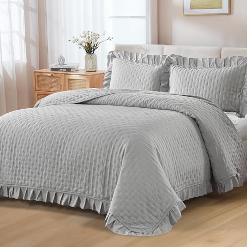 WONGS BEDDING Tagesdecke 220x240 Bettüberwurf Grau Decke Steppdecke 3 Teilig Doppelbett Gesteppt Bettdecke Vielseitige Wohndecke mit 2 Kissenbezug 50x75 für Schlafzimmer als Sofaüberwurf von WONGS BEDDING