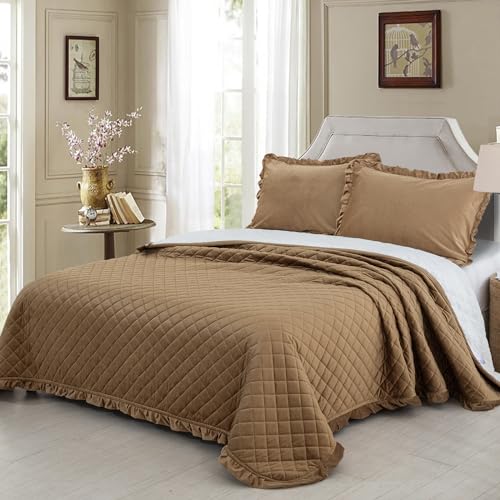 WONGS BEDDING Tagesdecke 220x240 Braun Bettüberwurf 3 Teilig Kristallsamt Steppdecke Wendedesign Bettdecke Stepp Decke Weich & Komfort Sofaüberwurf für Bett mit 2 Kissenbezug 80x80cm von WONGS BEDDING