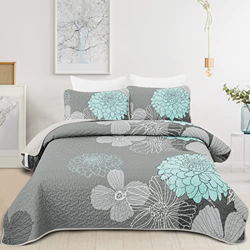 WONGS BEDDING Tagesdecke 220x240 Grün Blumen Bettüberwurf Weiche Sommerdecke Gesteppte Decke für Doppelbett Mikrofaser Bettdecke mit 2 Kissenbezug 48x75 von WONGS BEDDING