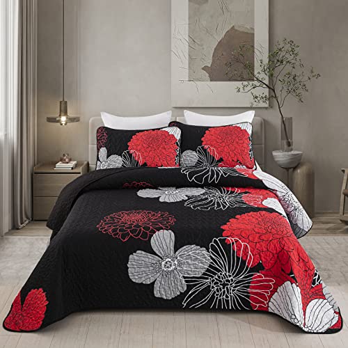 WONGS BEDDING Tagesdecke 220x240 Rot Blumen Bettüberwurf Weiche Sommerdecke Gesteppte Decke für Doppelbett Mikrofaser Bettdecke mit 2 Kissenbezug 48x75 von WONGS BEDDING