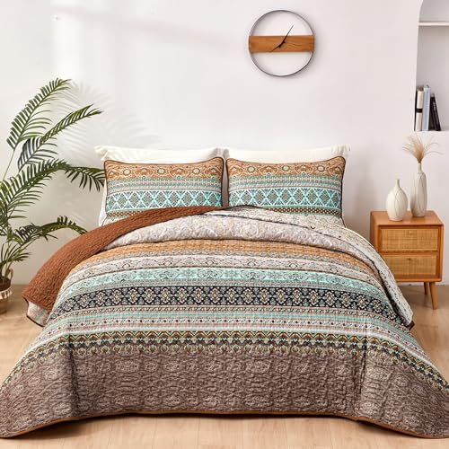 WONGS BEDDING Tagesdecke 240x260 Bettüberwurf Boho Decke Steppdecke 3 Teilig Doppelbett Gesteppt Bettdecke Mikrofaser Wohndecke mit 2 Kissenbezug 50x75 für Schlafzimmer als Sofaüberwurf (Braun) von WONGS BEDDING