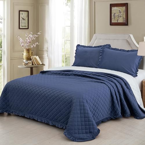 WONGS BEDDING Tagesdecke 240x260 Blau Bettüberwurf 3 Teilig Kristallsamt Steppdecke Wendedesign Bettdecke Stepp Decke Weich & Komfort Sofaüberwurf für Bett mit 2 Kissenbezug 80x80cm von WONGS BEDDING