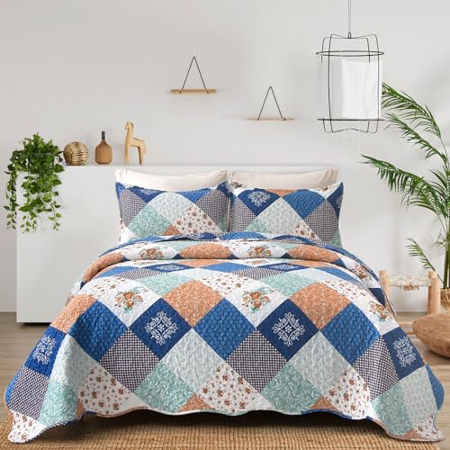 WONGS BEDDING Tagesdecke 240x260 Blau Patchwork Bettüberwurf Gesteppt Bedspreads Blumen Muster Steppdecke Mikrofaser kariertem Tagesdecke mit 2 Kissenbezug 50x75 von WONGS BEDDING