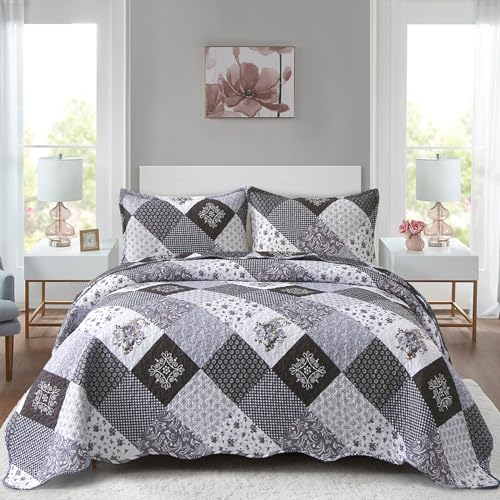 WONGS BEDDING Tagesdecke 240x260 Patchwork Bettüberwurf Gesteppt Bedspreads Blumen Muster Steppdecke Mikrofaser kariertem Tagesdecke mit 2 Kissenbezug 48x75 (Schwarz Grau) von WONGS BEDDING