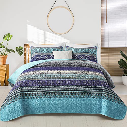 WONGS BEDDING Tagesdecke 240x260 cm Bettüberwurf Boho Stil Steppdecke Doppelbett gesteppt Mikrofaser Bettdecke Stepp Decke 3 teilig Wohndecke mit 2 Kissenbezug 50x75cm für Schlafzimmer (Böhmisch) von WONGS BEDDING