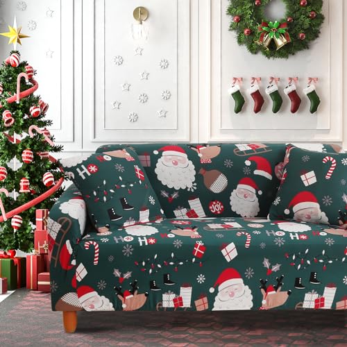 WONGS BEDDING Weihnachten Sofabezug 2 Sitzer, Elastisch Stretch Sofa Überzug, Weihnachtsmann Muster Sofaüberwurf, Sofa Cover Protector für Hunde Haustiere, Grün Rentier von WONGS BEDDING