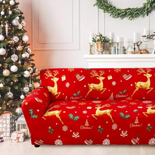WONGS BEDDING Weihnachten Sofabezug Elch Rot Sofaüberwürfe Verstörerischer Sofa Überwurf Bandage Elastisch Sofabezug Hautfreundlich rutschfest Stoffsofaüberwurf 3 Sitzer Sofabezüge von WONGS BEDDING