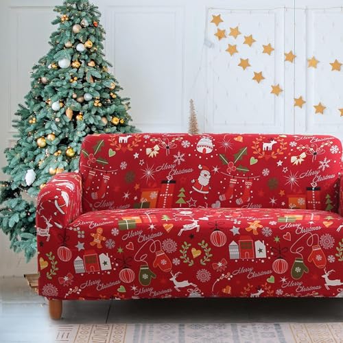 WONGS BEDDING Weihnachten Sofabezug Weihnachtsmann Rot Sofaüberwürfe Elch Sofa Überwurf Bandage Elastisch Sofabezug Hautfreundlich rutschfest Stoffsofaüberwurf 3 Sitzer Sofabezüge von WONGS BEDDING